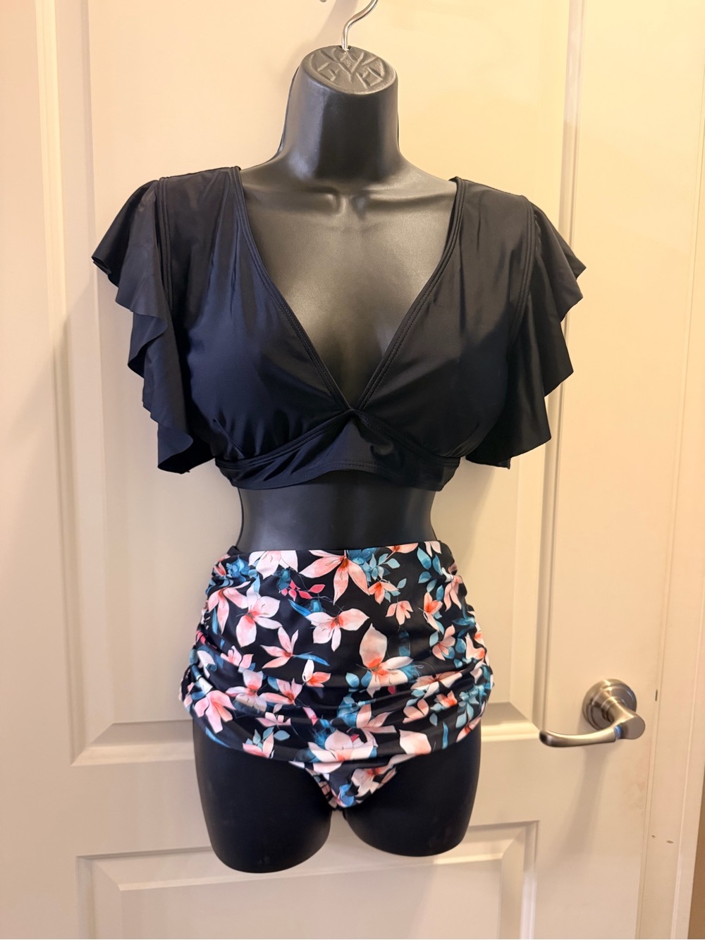 Amazon Black Flutter Sleeve Bikini Top with Floral High-Waist Bottom